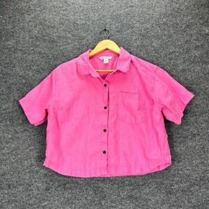 Athleta Linen Button Down Short Sleeve Top Women Medium Pink Cropped